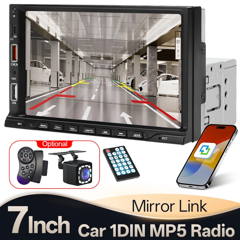 Radio para Auto Hippcron 1 Din, Reproductor Multimedia MP5, Pantalla Táctil de 7 Pulgadas, Entrada Auxiliar FM, Bluetooth, USB, Mirror Link, Radio Universal para Auto