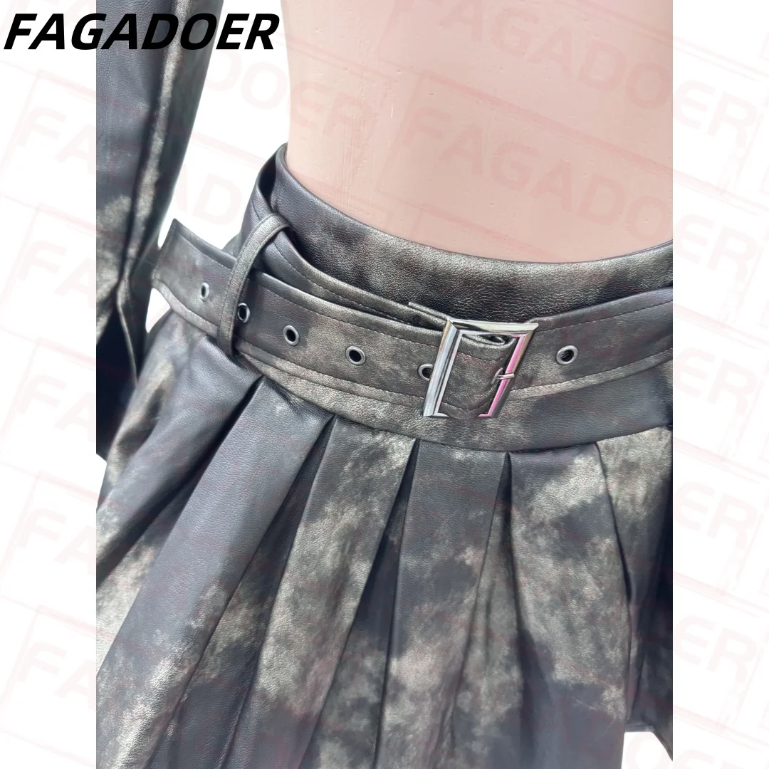 FAGADOER Punk Gothic Leather Two Piece Set for Women Long Sleeves Crop Jacket + Pleated Skirt Suits Fashion Streetwear 2025 New