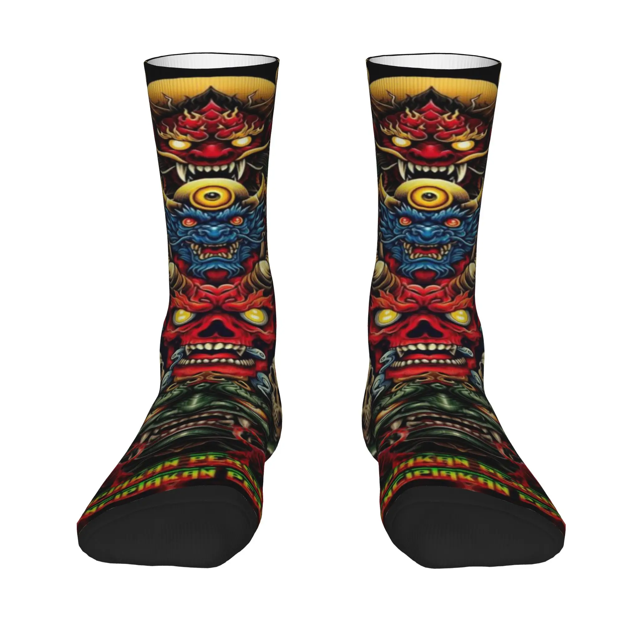 1 Pair Sock for Men Multi Layer Oni Dragon Tiger Skull Art Hip Hop Vintage  Happy Seamless Pattern Printed Sock Casual Gift