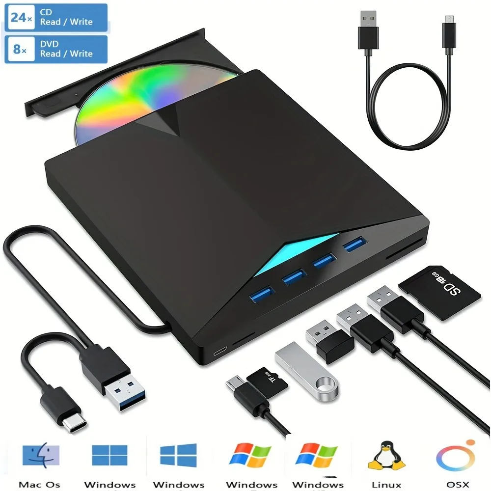 7-in-1 External CD DVD Drive With 4 USB A Ports And TF/SD Card Slots  For Laptop MacBook Desktop PC Windows 11/10/8/7 Linux Mac