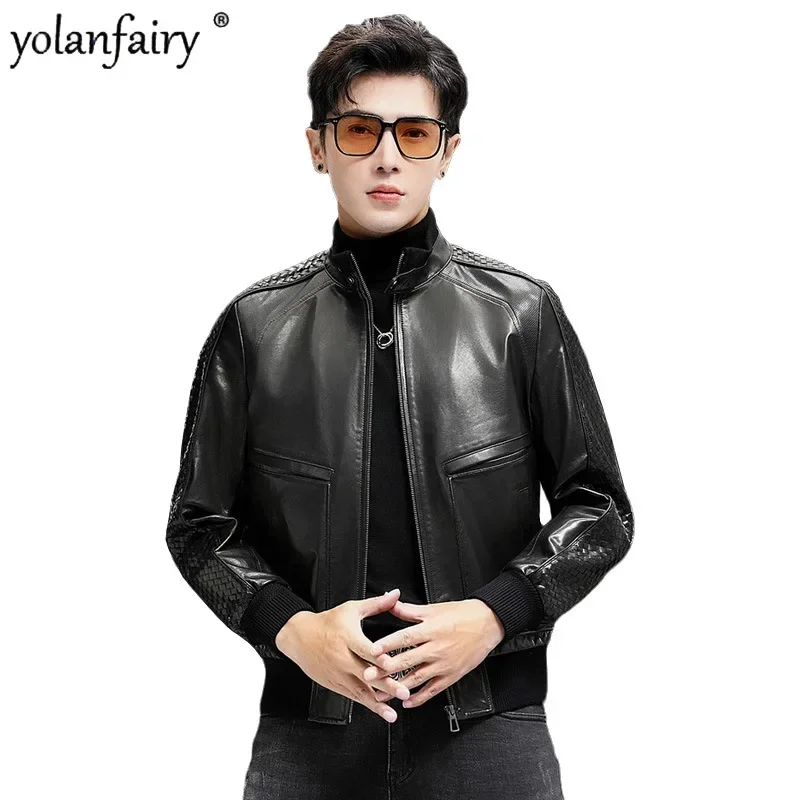 

High End Woven Genuine Leather Jackets for Men Goatskin Coat Autumn New Short Motorcycle Mens Leather Jacket with Big Pockets FC