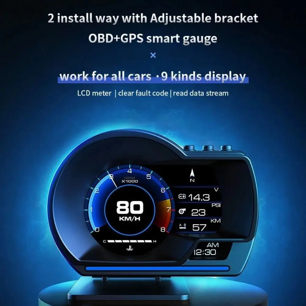 Turbo Gauge Car Head Up Display HUD Security Alarm Multi-function TFT Meter Digital Odometer RPM OBD2+GPS Smart Gauge Truck