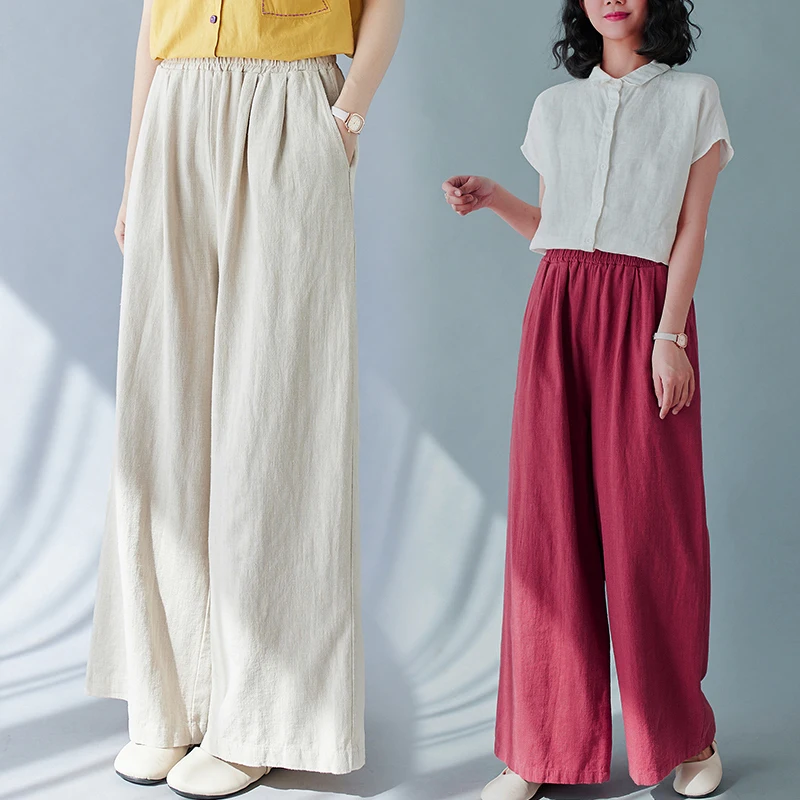 

Широкие брюки из хлопка и льна с эластичной талией, больших размеров, универсальные, в ретро-стиле, прямого кроя, длинные, повседневные, с высокой талией