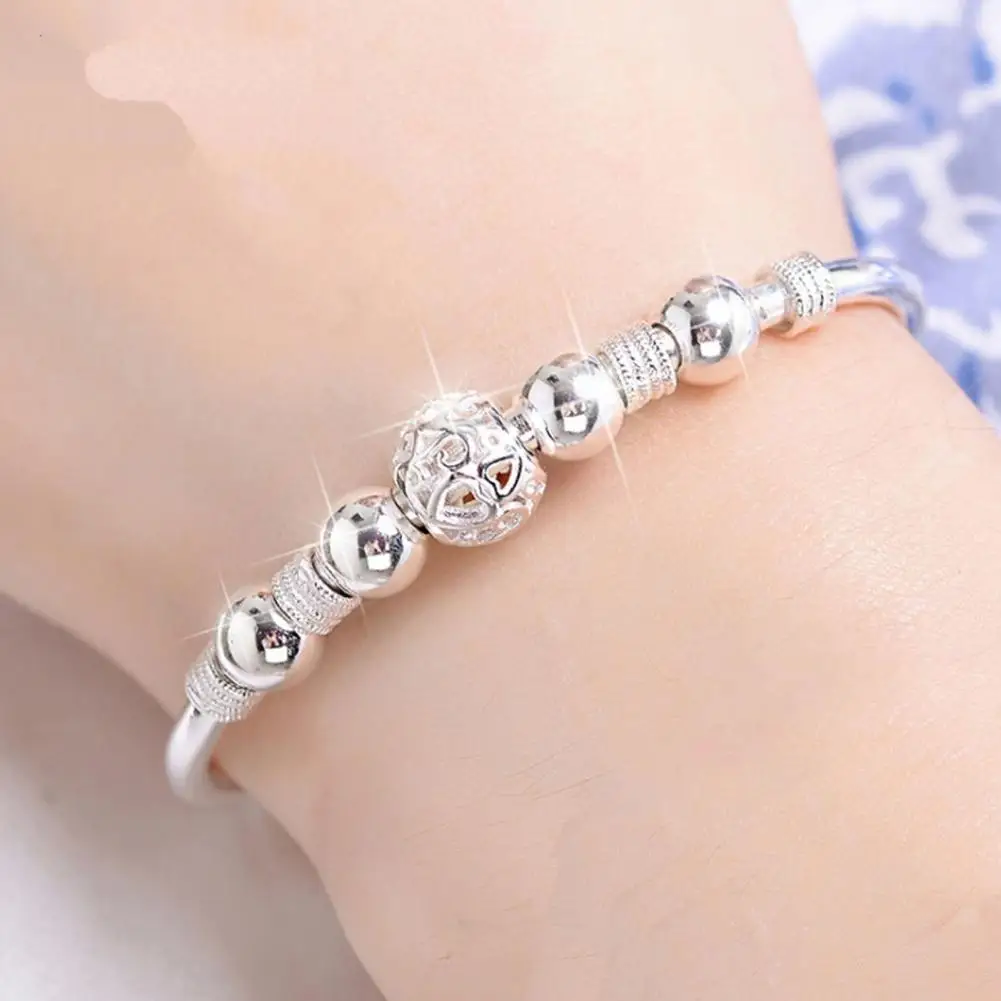 Alloy Bracelet Elegant Silver Plated Heart Cut-out Bangle with Beaded Metal Accents Adjustable Wear Jewelry Accessory for Women