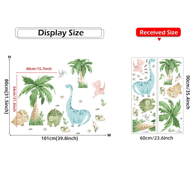 101x80cm Watercolor Cute Dinosaurs with Coconut Tree Wall Stickers Removable Wall Decals for Baby Nursery Room Kids Room Murals