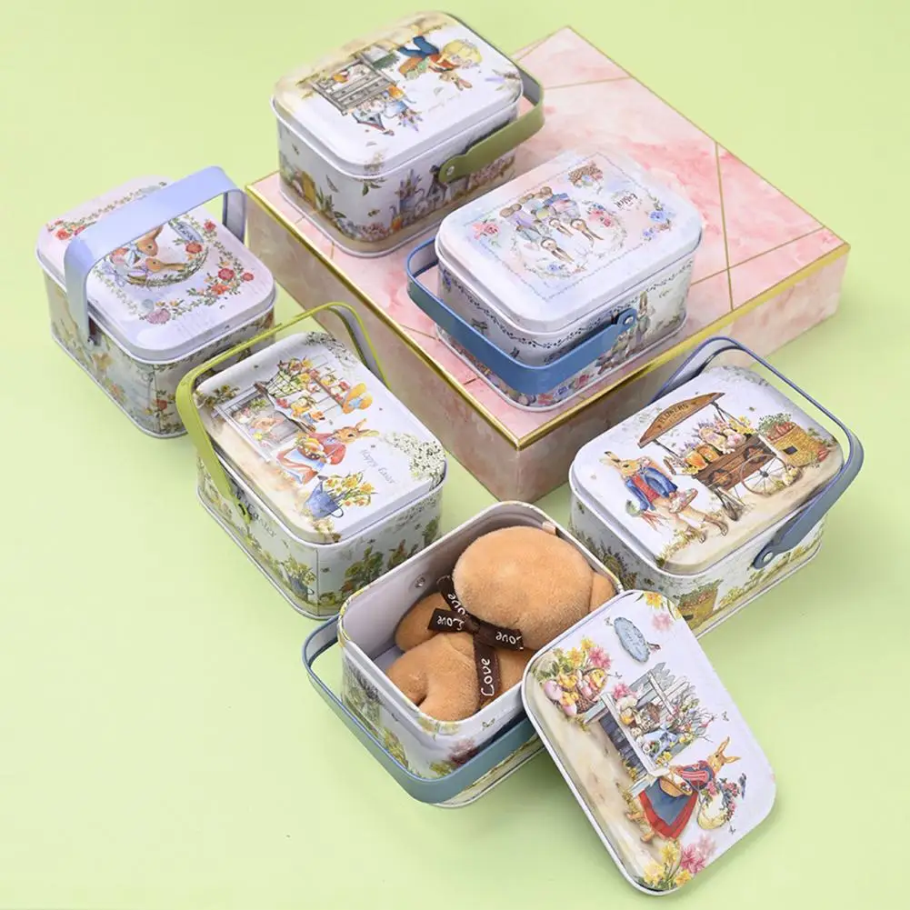 

Candy Box Cartoon Rabbit Pattern Good Sealing With Handle Vintage Gift Giving Portable Easter Cookie Gift Tins For Holiday