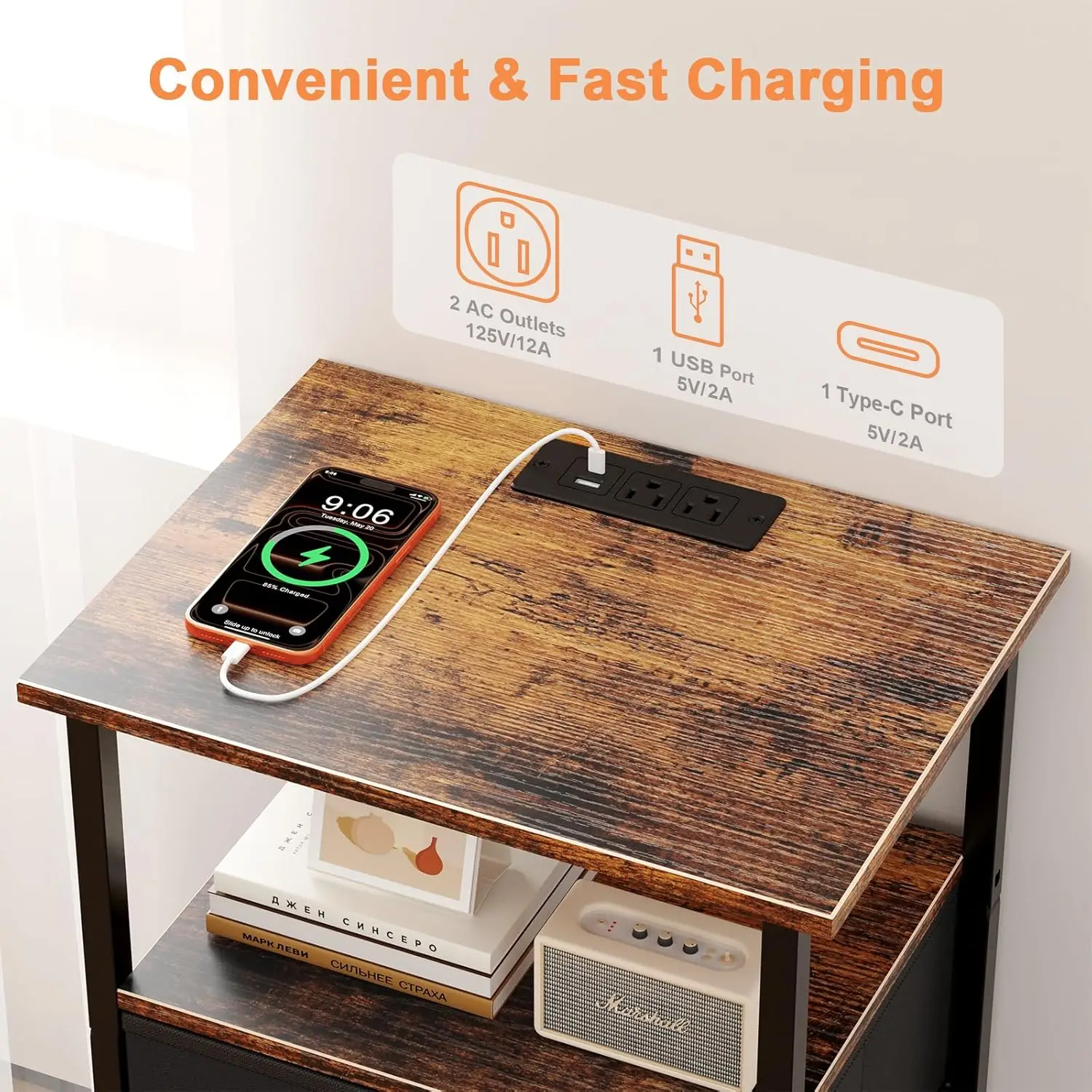 Nightstand with Charging Station, Bedside End Table with 2 Fabric Drawers for Bedroom
