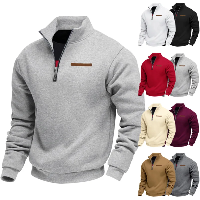 2025 Autumn Winter New Fleece-Lined Men's Sweatshirt Half-Zip Loose Stand Collar Pullover Solid Color Casual Sweatshirt for Men