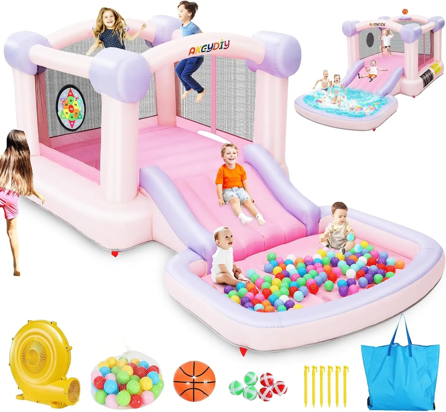 with Ball Pit, Inflatable Bouncy House for Kids All in One Jumping Castle, Wide Slide, Ball Pool, Basketball Hoop, Dart Target,