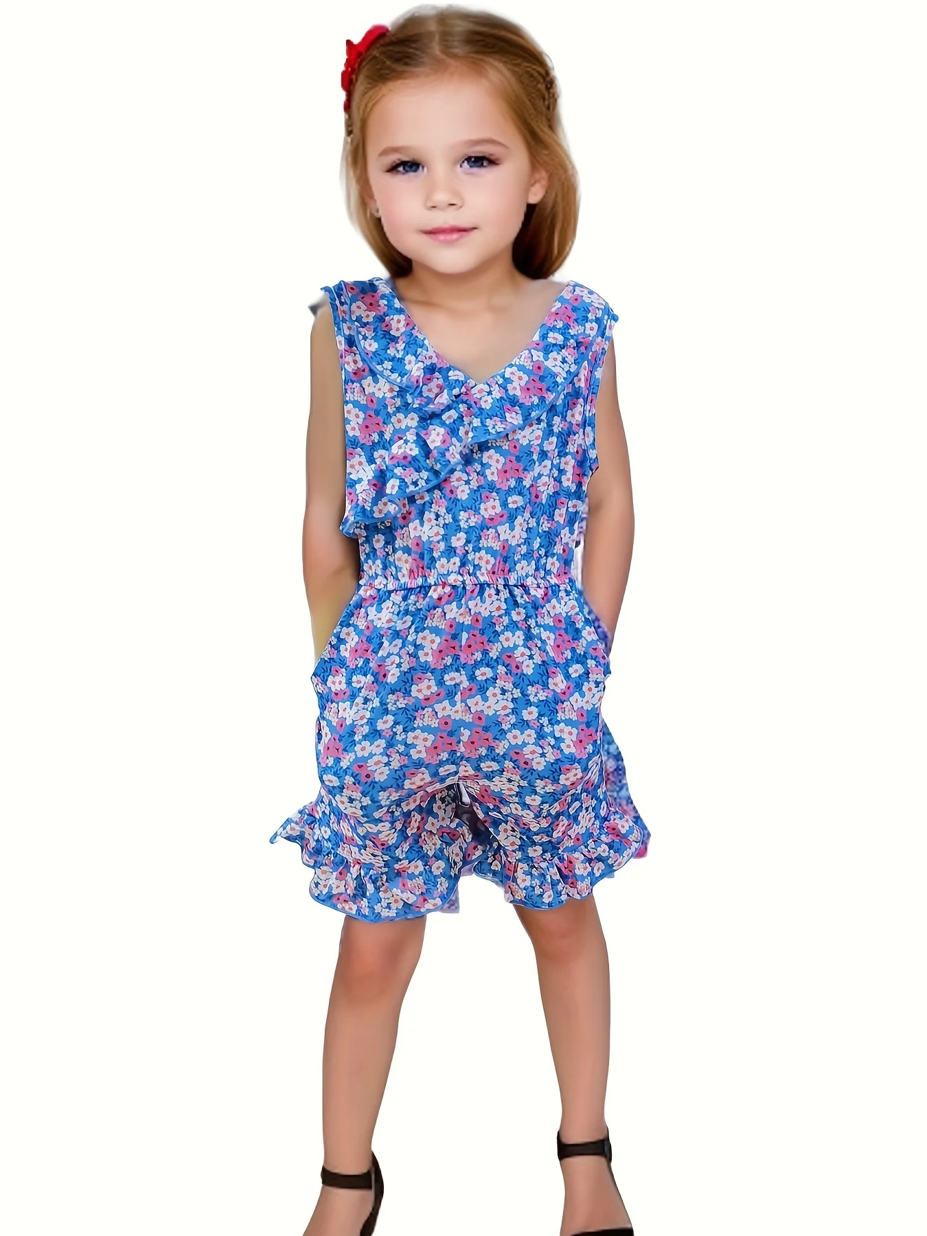 Cutest Girl Floral Printing Jumper With Pockets Summer and Spring Blue Flower Flutter Ruffle Casual Everyday Wear Clothes