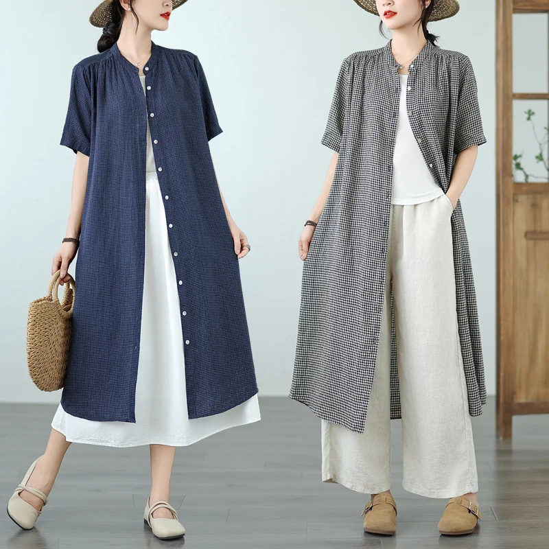 

Waed Linen ort Sve Dr irt Bla White Plaid Retro Artistic Knee-Length Overcoat for plus Size Women Pear ape