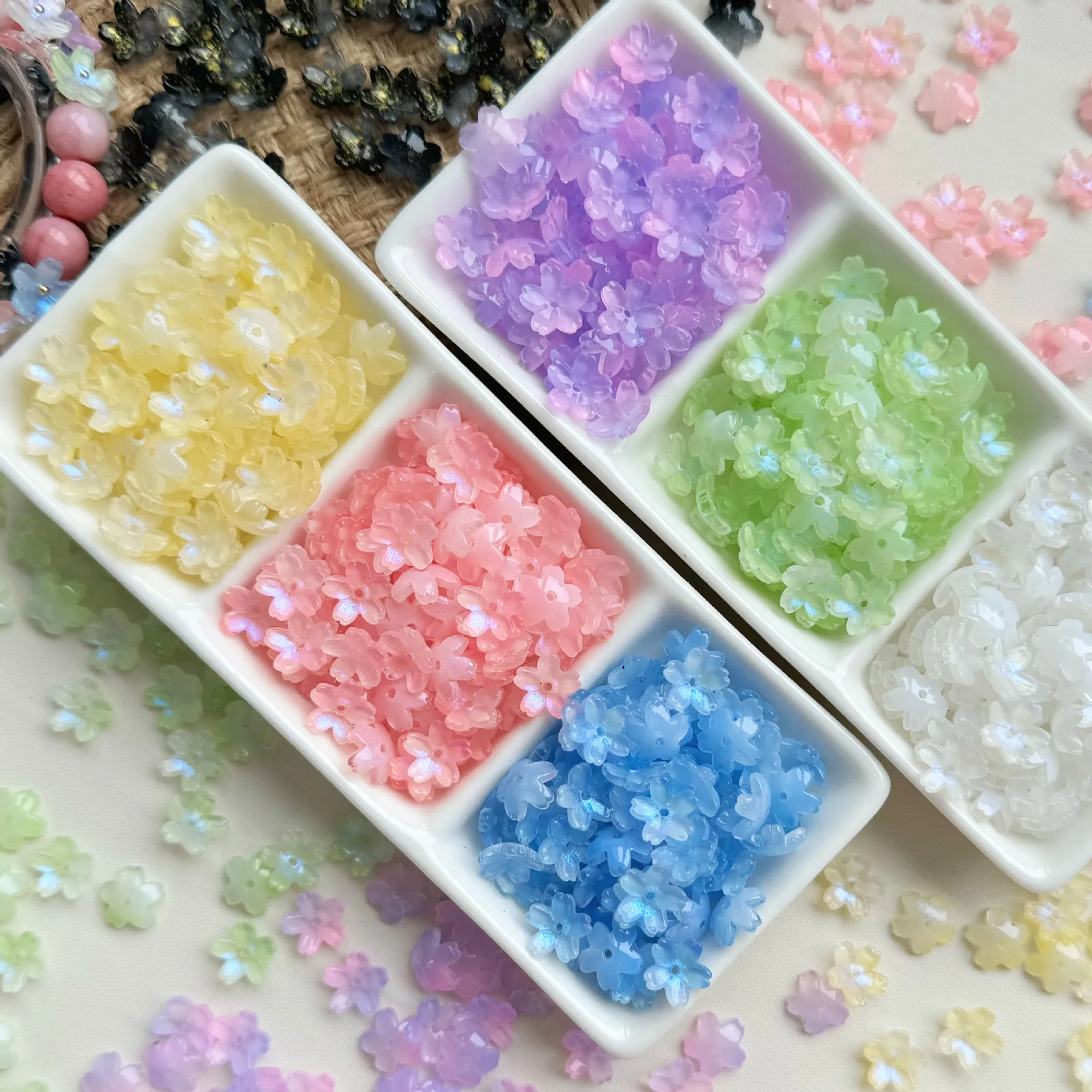 30PCS 10mm Blue Light Cherry Blossom Glass Beads Loose Spacer Beads For Jewelry Making DIY Bracelet Necklace Accessories