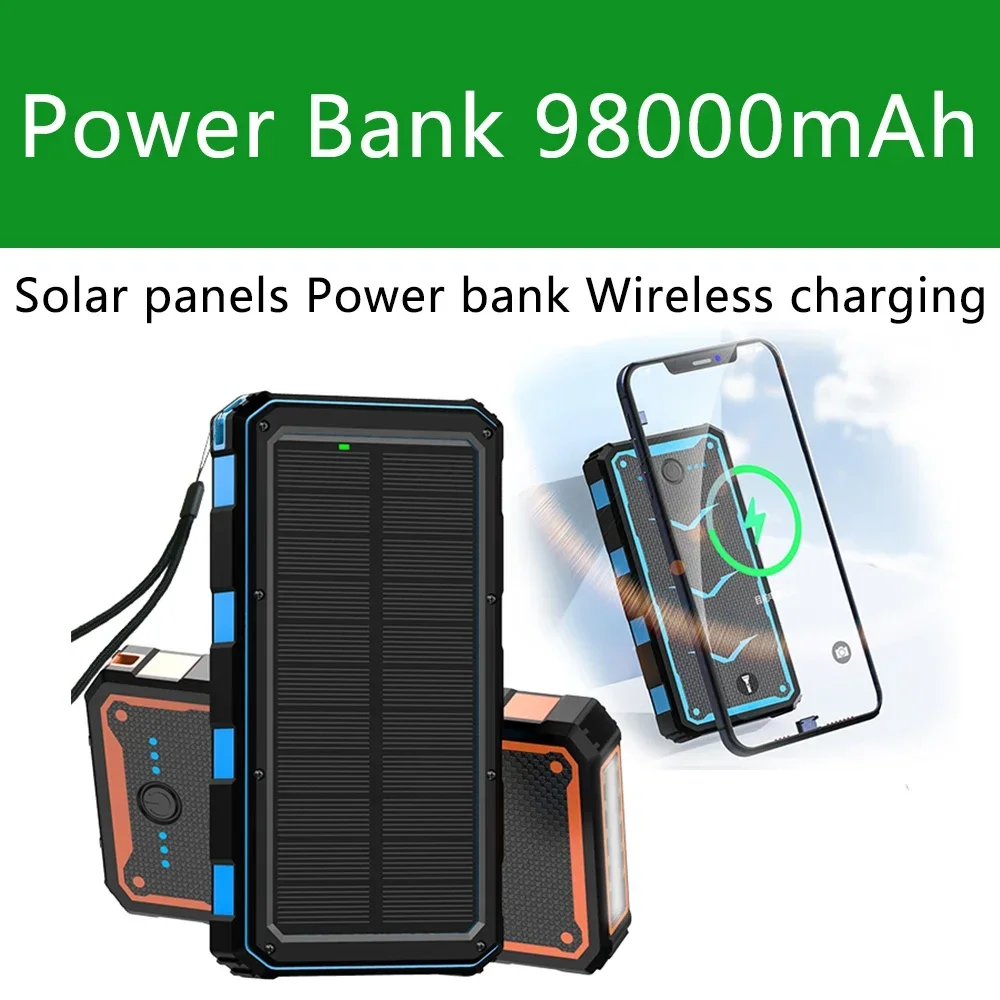 Power bank Wireless charging mobile power supply 98000mAh with Camping Lamp Mobile Phone Charger USB Battery Solar panel