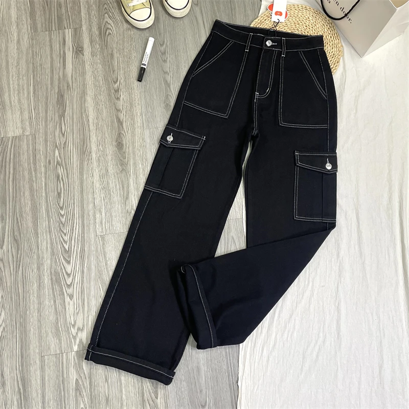 Retro Street Sle American High Waist Loose Fit Straight Leg Bla Waed Denim Jeans with Multiple kets for Women