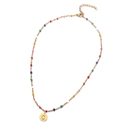 MinaMaMa Bohemian Stainless Steel Handmade Beads Initial Letter Choker Necklace For Women Alphabet Pendant Name Jewelry