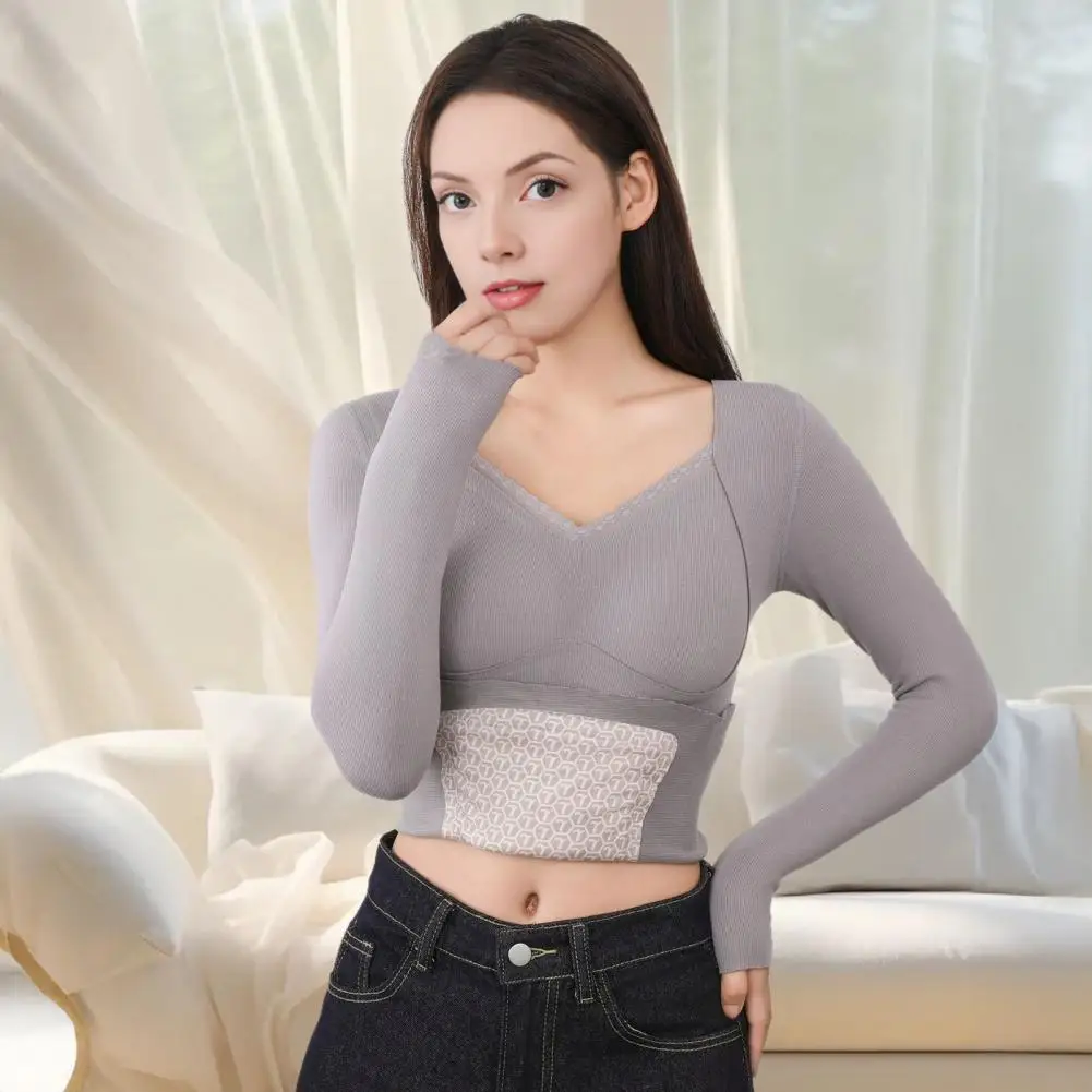 

Wool-filled Thermal Shirt Cozy Velvet-lined Women's Thermal Tops with Seamless Elastic Bottom V-neck Long Sleeve for Ultimate