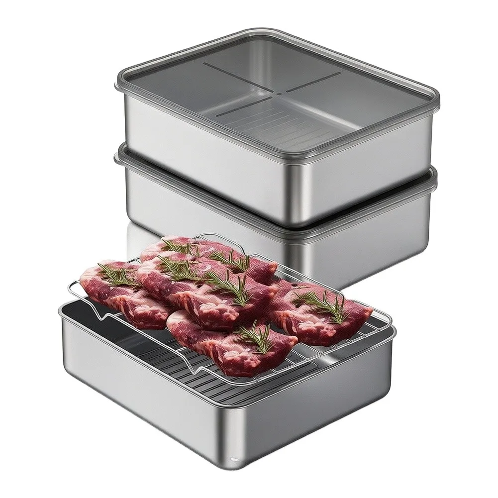3Pcs 304 Stainless Steel Fresh‑Keeping Food Box Seal‑Fit Cover With Drain Tray Stackable For Fridge Kitchen Storage Container