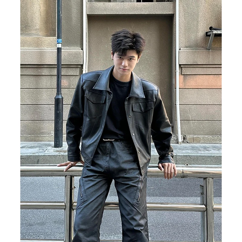 

American High Street oulder Pad Leather Jaet Men's High-End Cool Street Motorcycle Suit CleanFit Collar Jaet