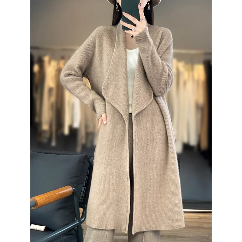 Autumn and winter new 100% pure wool sweater cardigan in long wool coat cashmere sweater fashion coat