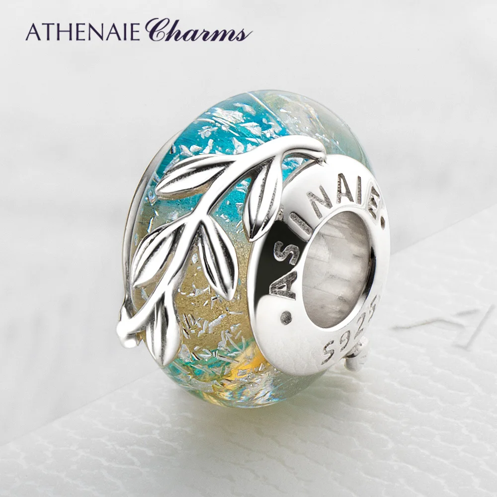 ATHENAIE Olive Leaf Genuine Murano Glass Charm Bead with 925 Sterling Silver Core,Green Color fits European Bracelet for Women