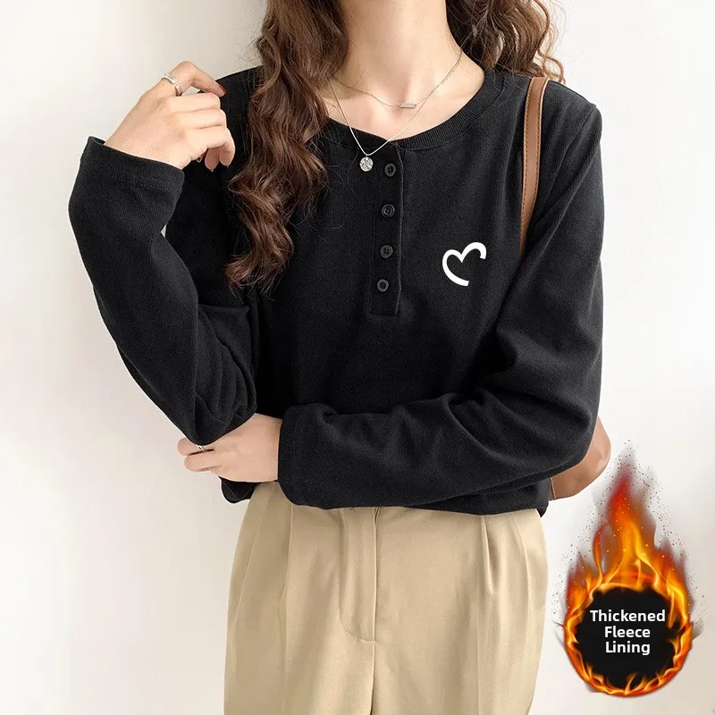 T-shirt Long en coton pour femmes, flanelle, Base de boutons chaude, irt, pour les déplacements, taille haute, rond, Anti-saleté