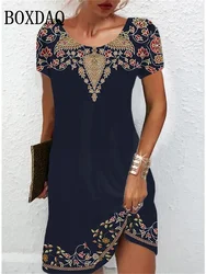 Minivestido de estilo étnico para mujer, vestido Vintage de manga corta con estampado, cuello redondo, informal, holgado, 6XL talla grande, primavera y verano, 2024