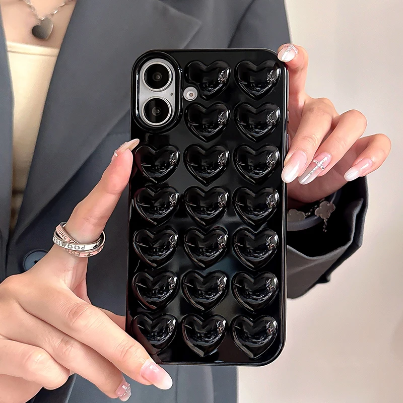 

Black Love Heart Jelly TPU Phone Case For iPhone 16 Pro Max 15 14 13 12 11 Pro Max 16 Plus Soft Back Cover