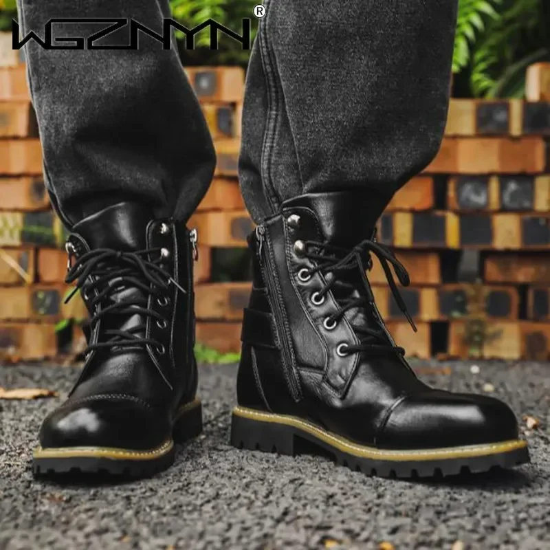 Homens botas de couro da motocicleta duplo zíper salto quadrado sapatos masculinos moda lazer design bota ciclismo 2026 outono inverno