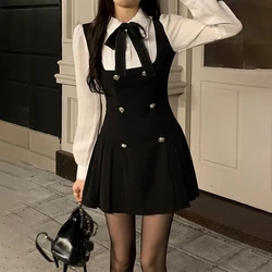 Fake Two-piece Dress Women Preppy Style Bow Buttons Long Sleeve A-line Mini Dress