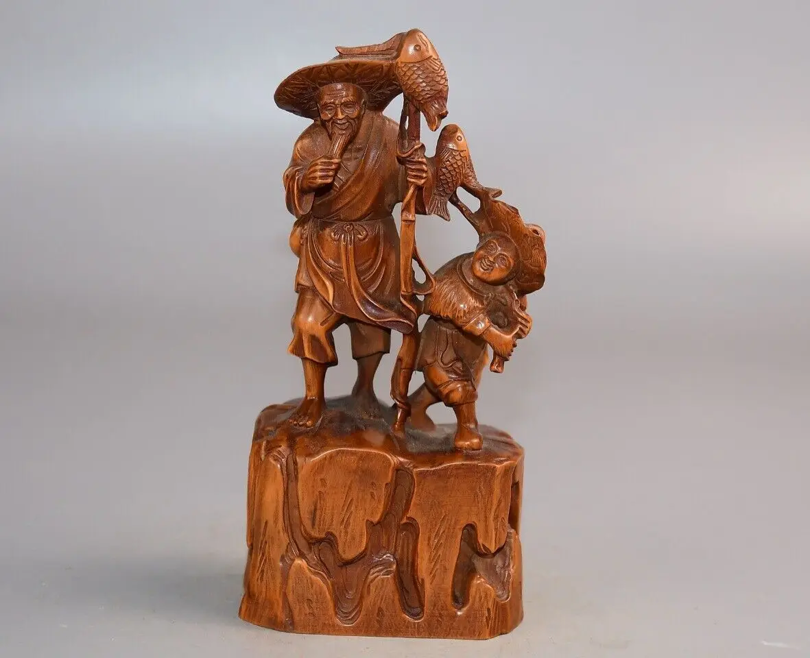 

Chinese Antique Boxwood Carved Exquisite Old Fisherman Child Wooden Sculpture