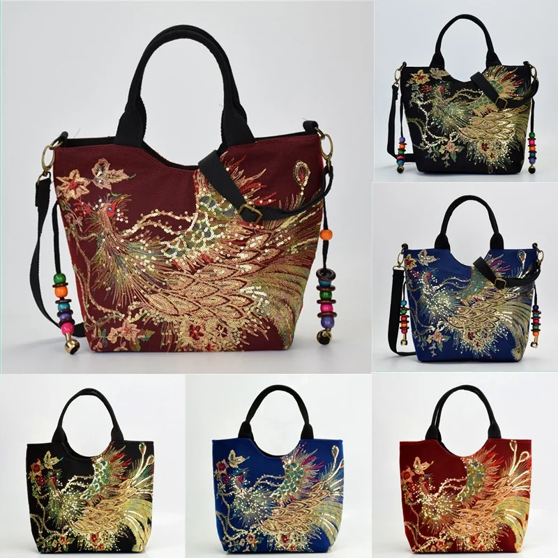 Shiny Sequins Peacock Embroidered Women Canvas Totes Bag, Summer Shopping Shoulder Bag Vintage Beaded String Handbag Black