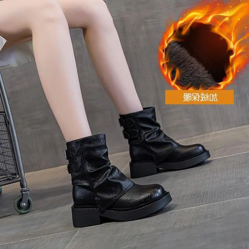 

Genuine Leather Short Boots Pleated Knight Style Women's Thick Bottom Pants Boot Summer Casual round Toe Zipper Closure