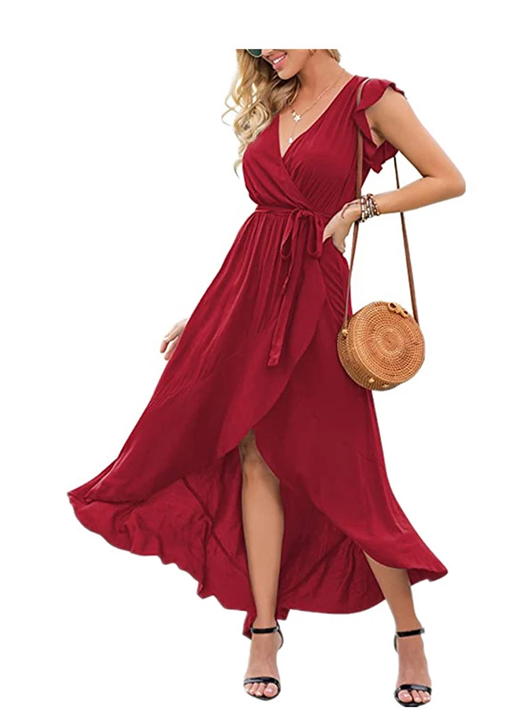 New Fashion Women's Summer Sexy Casual Longuette V-neck Bandage Irregular Big Swing Solid Color Temperament Dress