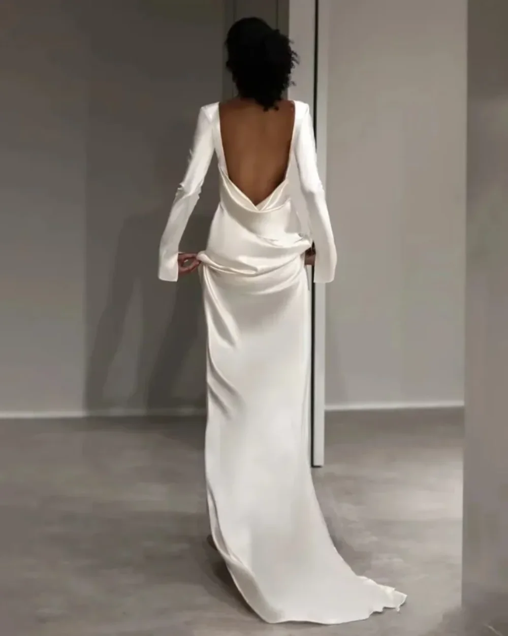 Novo vestido de casamento bainha para noiva cetim de seda mangas completas longo-aberto volta personalizado feito vestido de noiva formal vestidos de novia