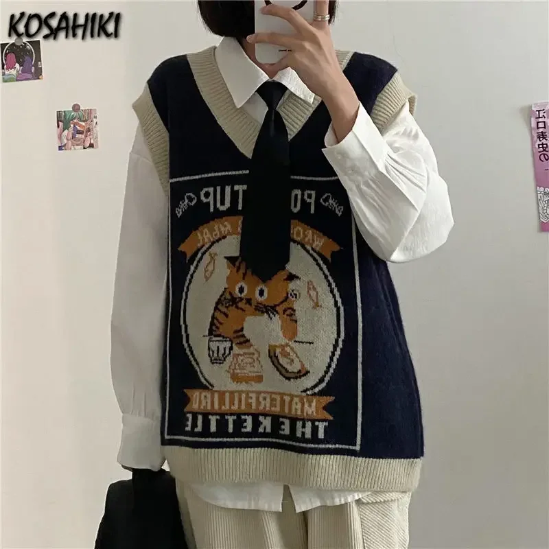 KOSAHIKI Sweater Vest Women Kawaii Cat Waistcoat Streetwear Knitting Chic Fashion College All-match Harajuku Y2k Vests Chandails