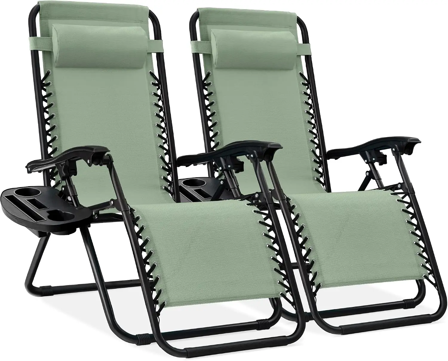 Set of 2 Adjustable Steel Mesh Lounge Chair Recliners with Pillows and Cup Holder Trays for Outdoor Patio - Sage Green