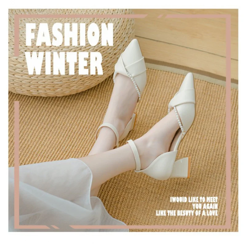 Pearl Ankle Strap High Heels 2026 Summer Pointed Toe Shallow Women's Casual Sandals for Wide Feet, Wedding & Party Shoes