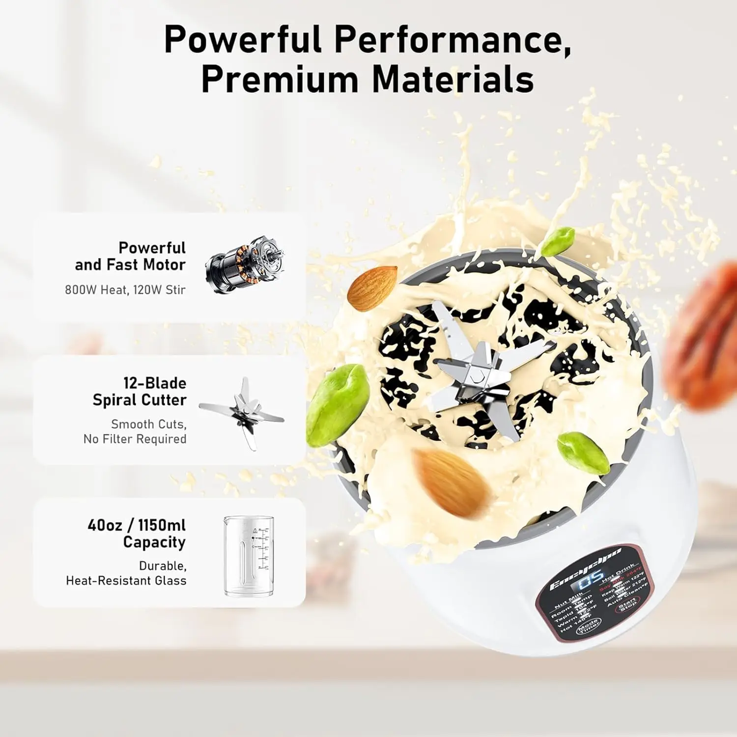 صانع حليب الجوز 40 أونصة - صانع حليب الصويا الأوتوماتيكي مع فرشاة تنظيف دوارة وحقيبة حليب الجوز - اللوز المحلي، الشوفان، جوز الهند، حليب الصويا -