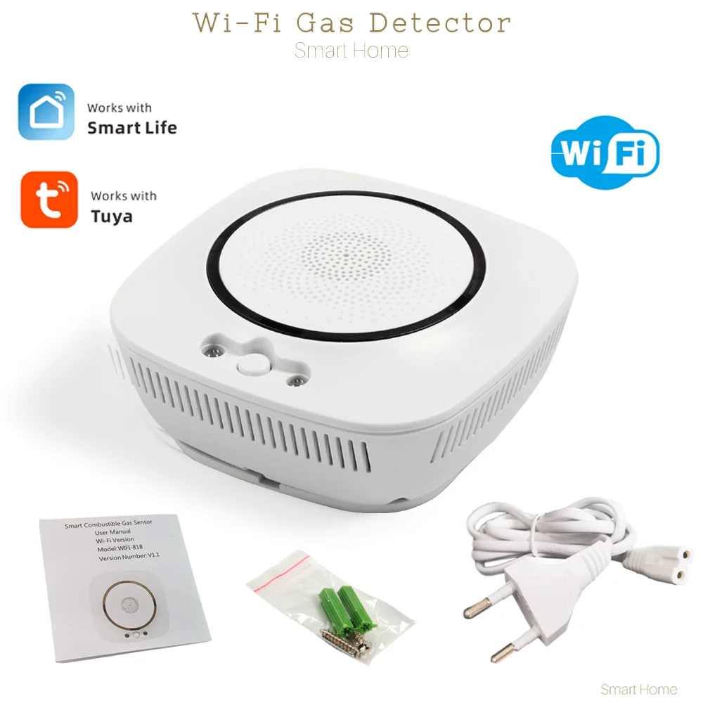 1Pcs Wall Mount Natural Gas Alarm Coal Gas Leak Detector With TUYA WIFI Wireless APP Notication Cut Off Solenoid Valve DN15 DN20