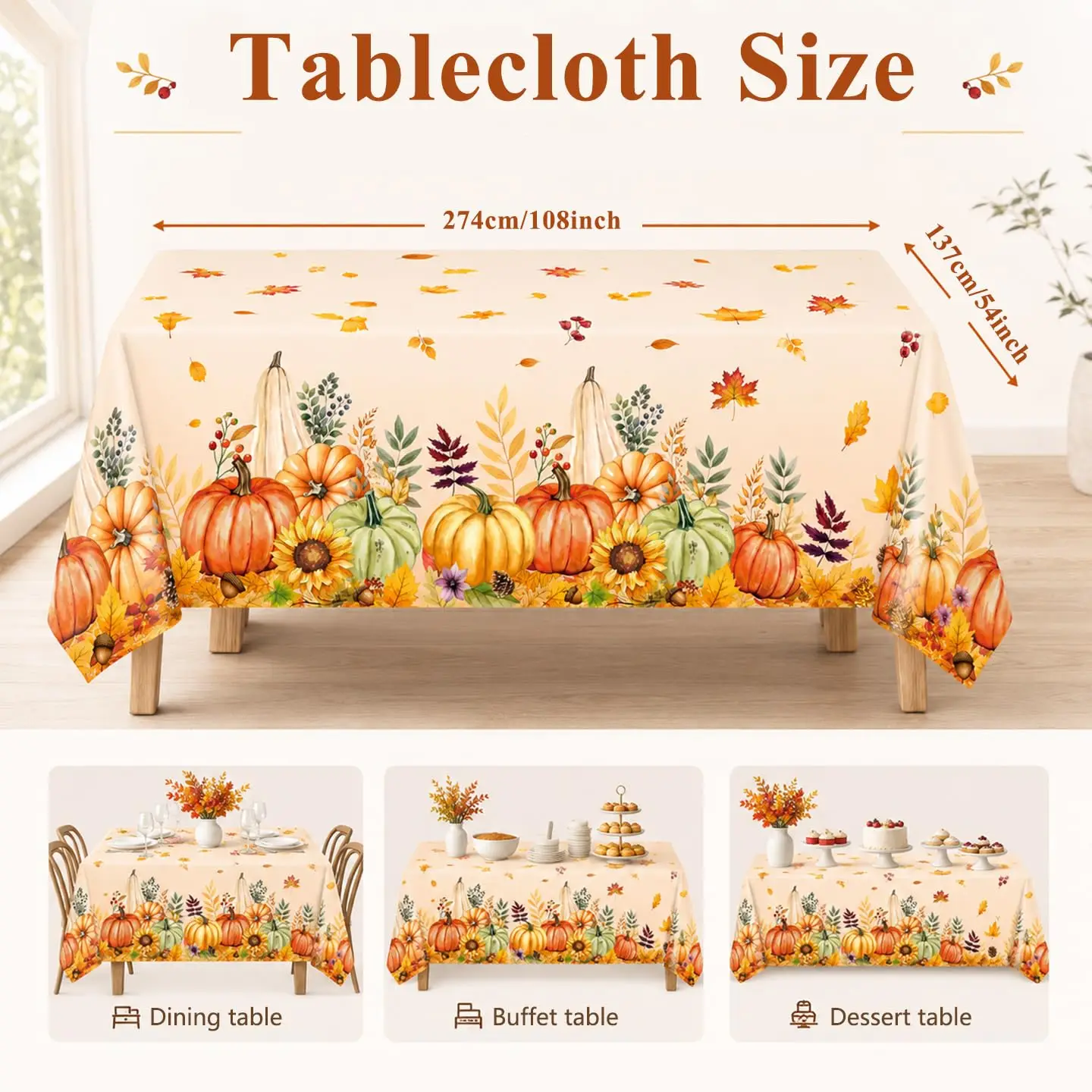 Fall Thanksgiving Tablecloth Disposable Pumpkin Maple Leaf Table Cover Rectangle for Autumn Party Decoration Harvest Picnic