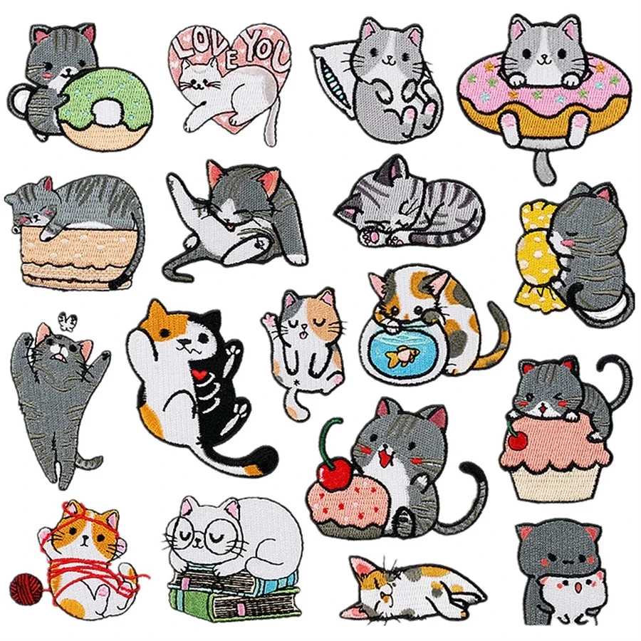 

Patch for Clothing Sewing Stickers Iron On Patches Love Cat Embroidery Fusible Applique Badge Backpack Decoration Stripe