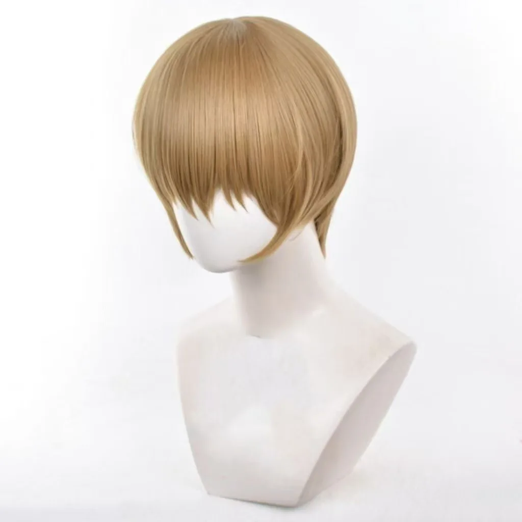 أنيمي أوكيتا سوجو شعر مستعار تأثيري مع لصقة عين جودة عالية Sougo جينتاما أوكيتا شعر مستعار تأثيري بني فاتح شعر قصير + غطاء شعر مستعار مجاني