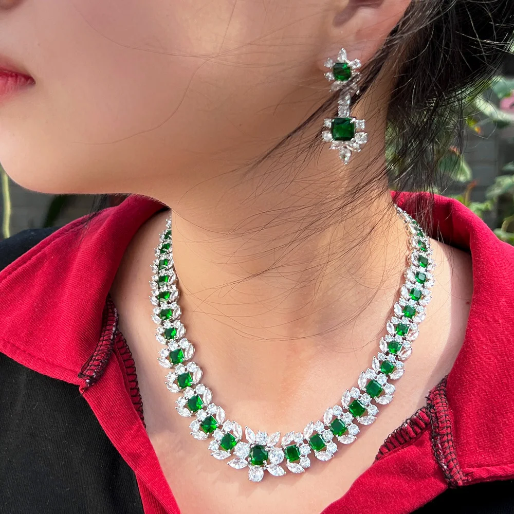 CWWZircons Luxurious Elegant Green Cubic Zirconia Big Women Wedding Event Costume Necklace Earrings Jewelry Sets for Brides T716