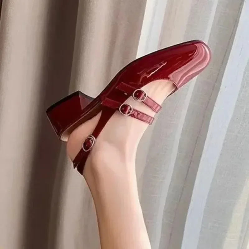 Comemore Classic Red Mary Jeans Woman Patent Leather Med-High Heels Sandals Two Buckle Belt Strap Shoes Femme Slingback Lolita