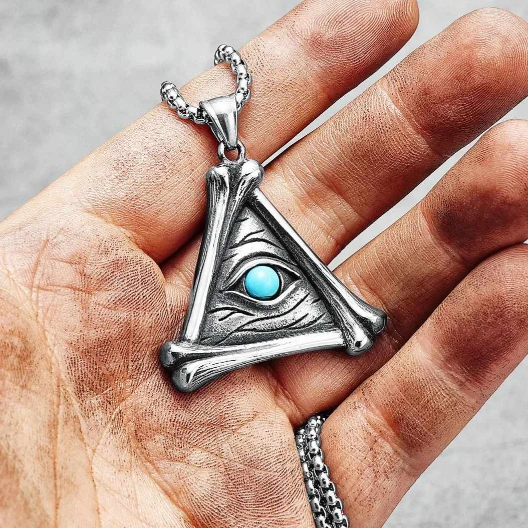 Triangle All-Seeing Eye Pendant Antiqued Bone Frame Men Necklaces Stainless Steel Chain Rock Punk for Rider Male Jewelry Gift