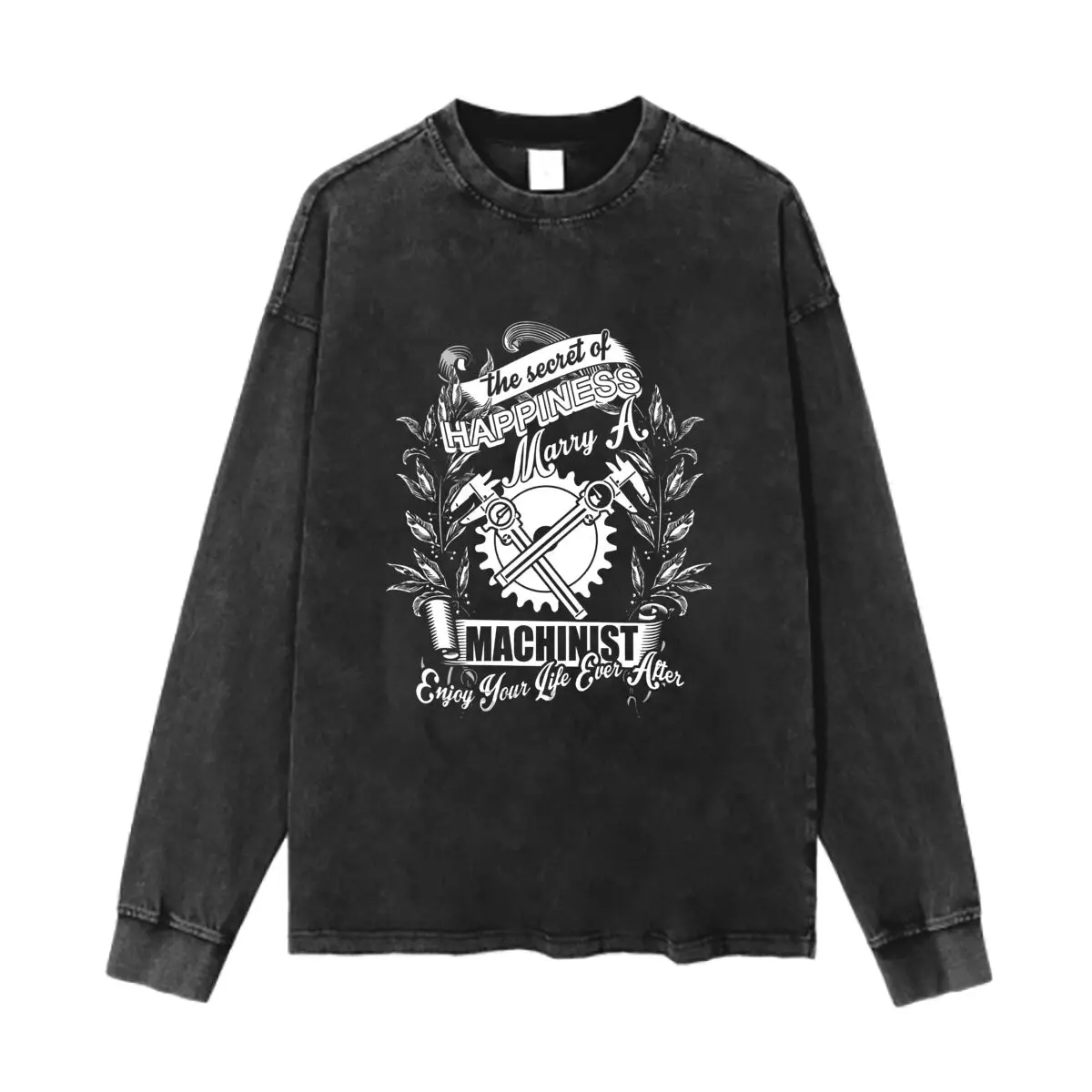 Machinist Happiness Art Graphic Washed Vintage Long Sleeves Cotton Tee Shirt Solid O Collared For Men's And Women's