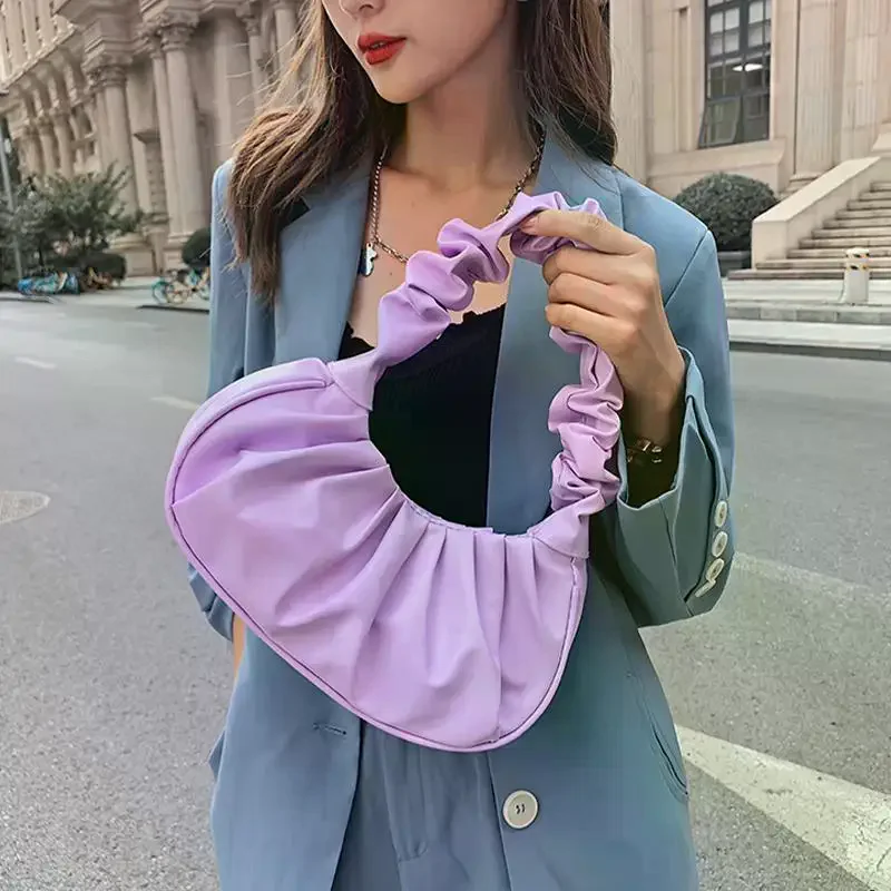 Summer PU Leather Pleated Handbag Womens Cloud Bag Trendy Armpit Shoulder Bag Chic Leisure Tote for Shopping