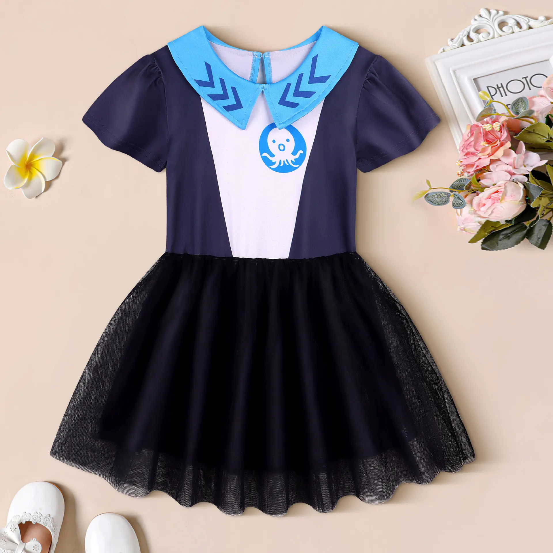 Quần Áo Trẻ Em Bạn Gái Octonauts Đầm Ngắn Tay Mùa Hè Bạch Tuộc In Lưới Công Chúa Vestidos Trẻ Em Phối Ren Thanh Lịch Trang Phục