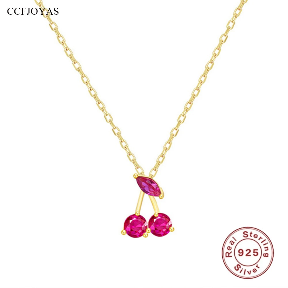 

CCFJOYAS 925 Sterling Silver Red Cherry Pendant Necklace for Women 18k Gold Plated Fruit Thin Clavicle Chain Party Fine Jewelry