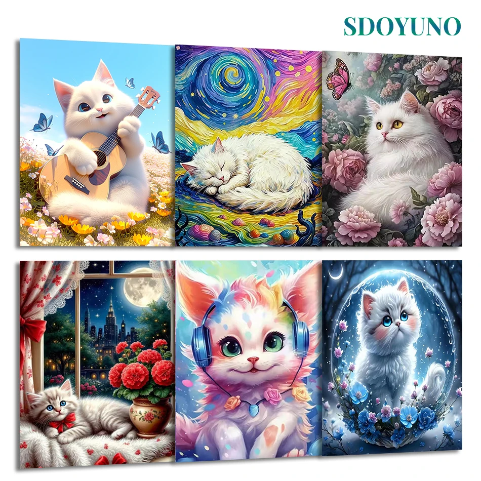

SDOYUNO Painting By Numbers Draw white cat For Adults Animals Picture Frame hobby On Canvas Drawing Crafts Color Markers Oil Art